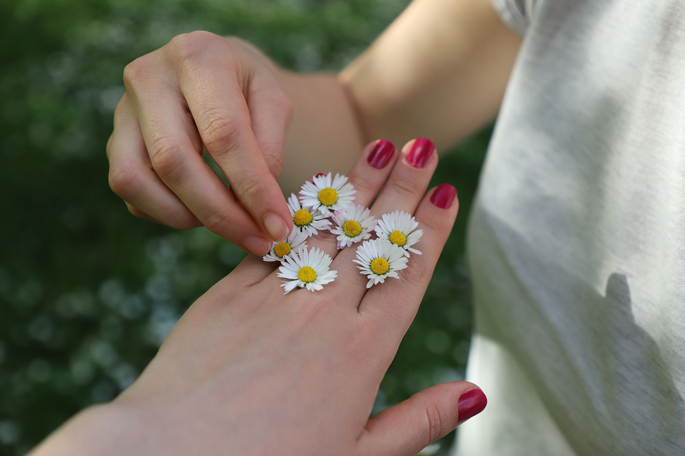 flowers between fingers